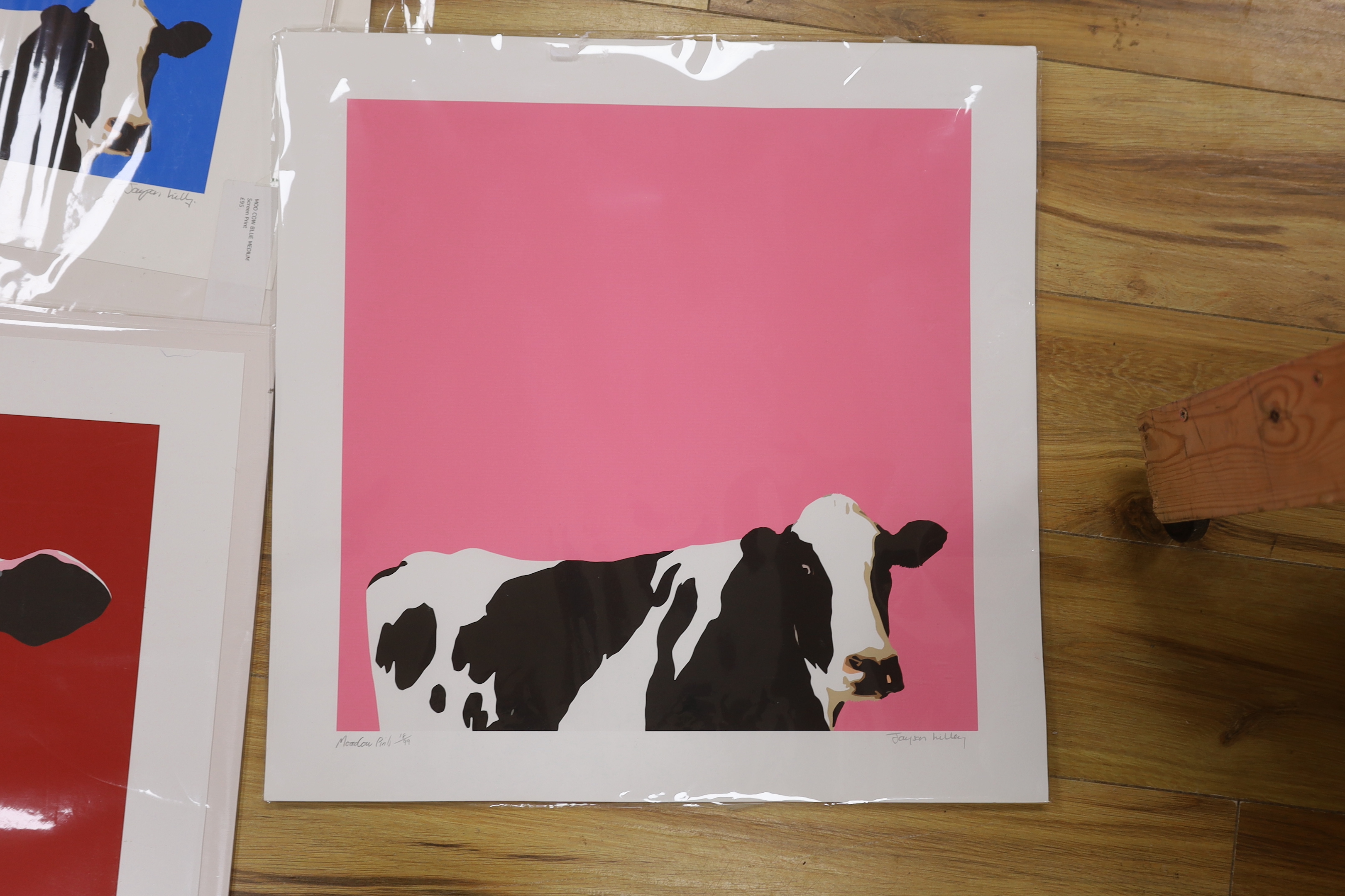 Jayson Lilley (b.1972), set of five contemporary colour screenprints, Cows including 'Mooocow Green' limited edition 59/99, and 'Isobel', limited edition 8/100, each signed in pencil, each 50 x 50cm, unframed